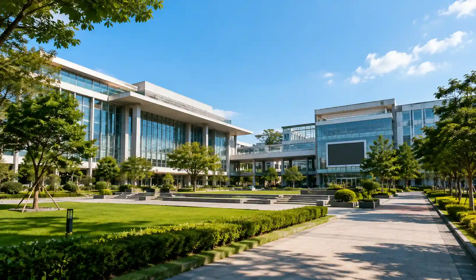 gedung kampus modern dengan lingkungan hijau