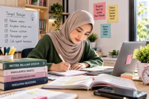 mahasiswa belajar dengan fokus menggunakan buku dan laptop
