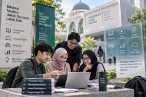 mahasiswa berkolaborasi menggunakan teknologi digital dalam sistem edukasi modern