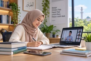 mahasiswa mengikuti kuliah online dengan laptop dari rumah