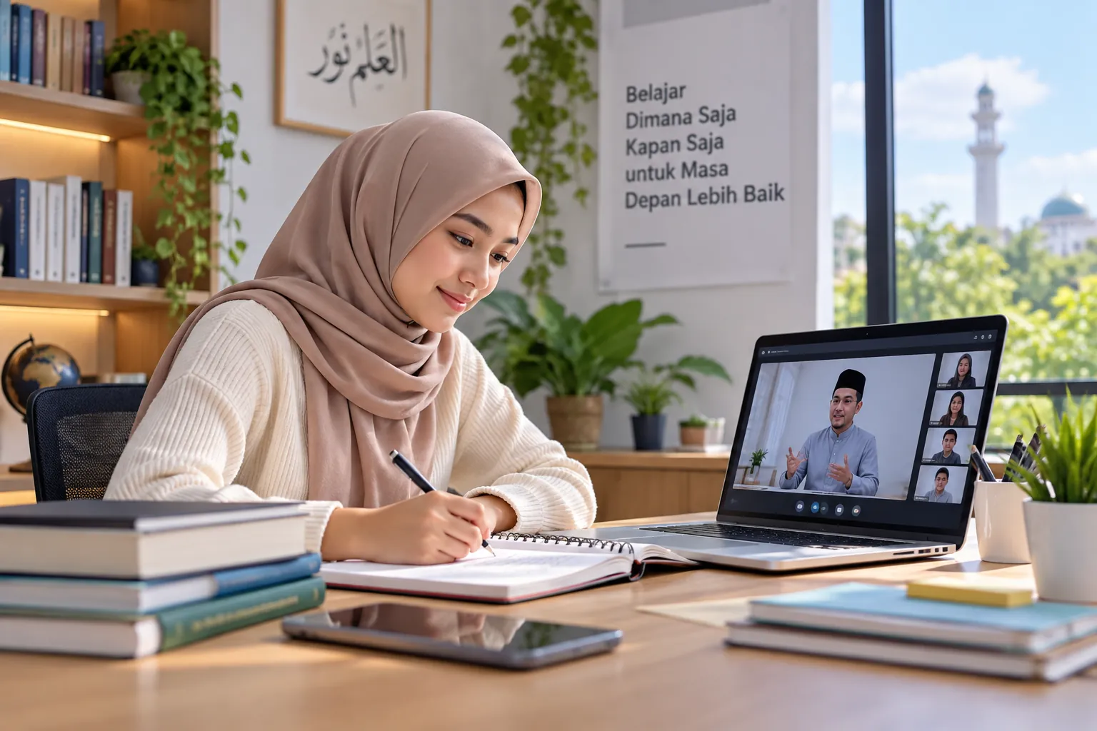 mahasiswa mengikuti kuliah online dengan laptop dari rumah
