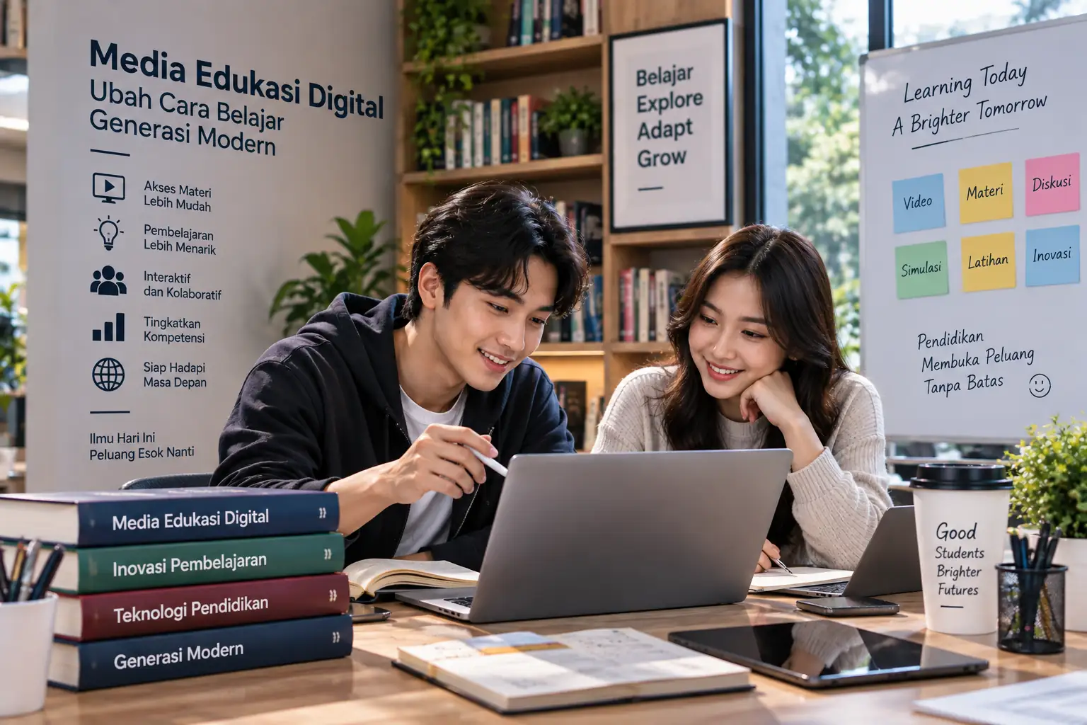 dua mahasiswa belajar bersama menggunakan laptop dalam kegiatan edukasi digital