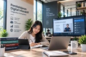 mahasiswa belajar mandiri menggunakan laptop dan tablet dalam pembelajaran digital interaktif