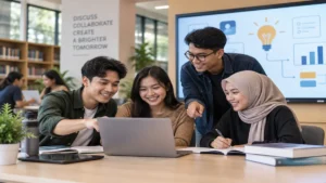 mahasiswa berdiskusi menggunakan teknologi dalam pembelajaran interaktif