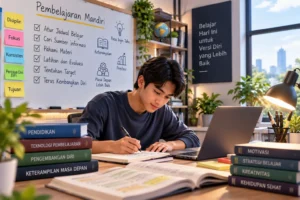 siswa melakukan pembelajaran mandiri dengan buku dan laptop