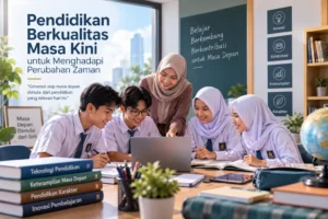 siswa belajar bersama menggunakan teknologi di kelas modern
