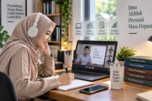 mahasiswa mengikuti sistem kuliah daring modern melalui laptop dari ruang belajar