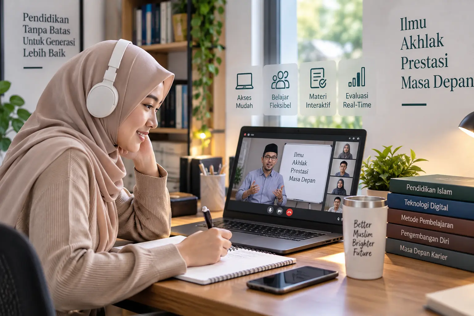 mahasiswa mengikuti sistem kuliah daring modern melalui laptop dari ruang belajar