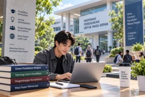 mahasiswa belajar dengan laptop di area kampus