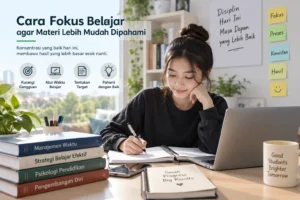 mahasiswa fokus belajar menggunakan laptop dan mencatat materi di ruang belajar yang nyaman
