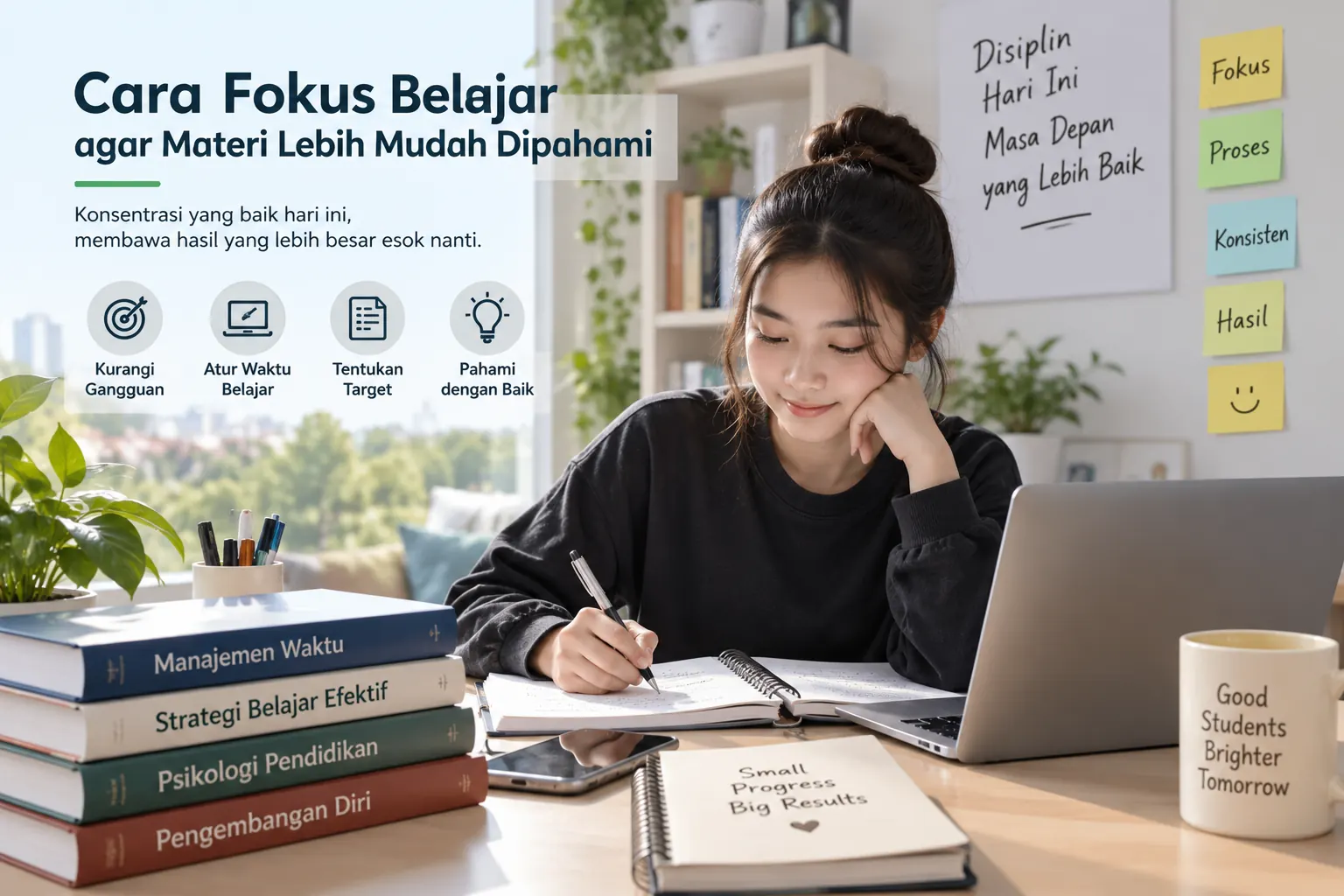 mahasiswa fokus belajar menggunakan laptop dan mencatat materi di ruang belajar yang nyaman