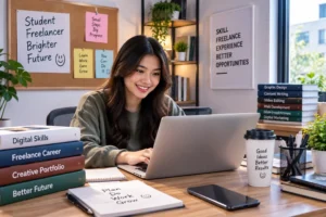 mahasiswa mengerjakan pekerjaan freelance menggunakan laptop sambil kuliah