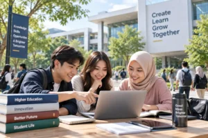 mahasiswa belajar bersama menggunakan laptop di lingkungan kampus