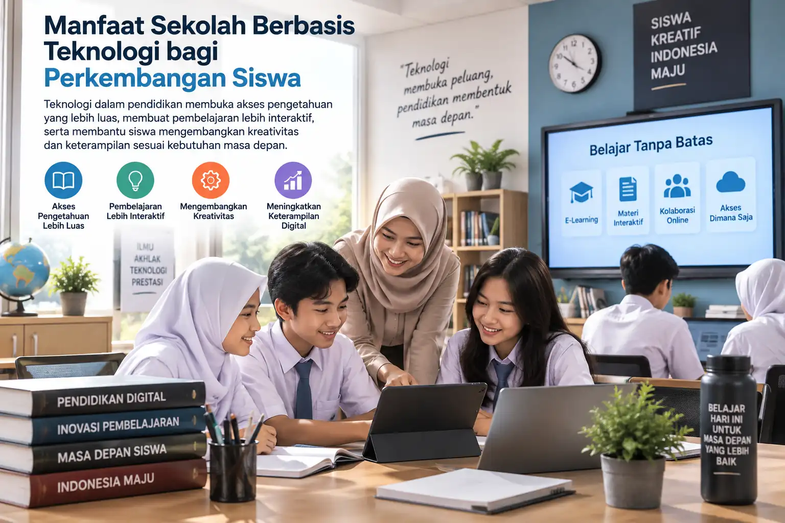 siswa belajar menggunakan teknologi digital di sekolah modern