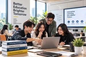 mahasiswa belajar bersama menggunakan teknologi dalam ruang pendidikan modern