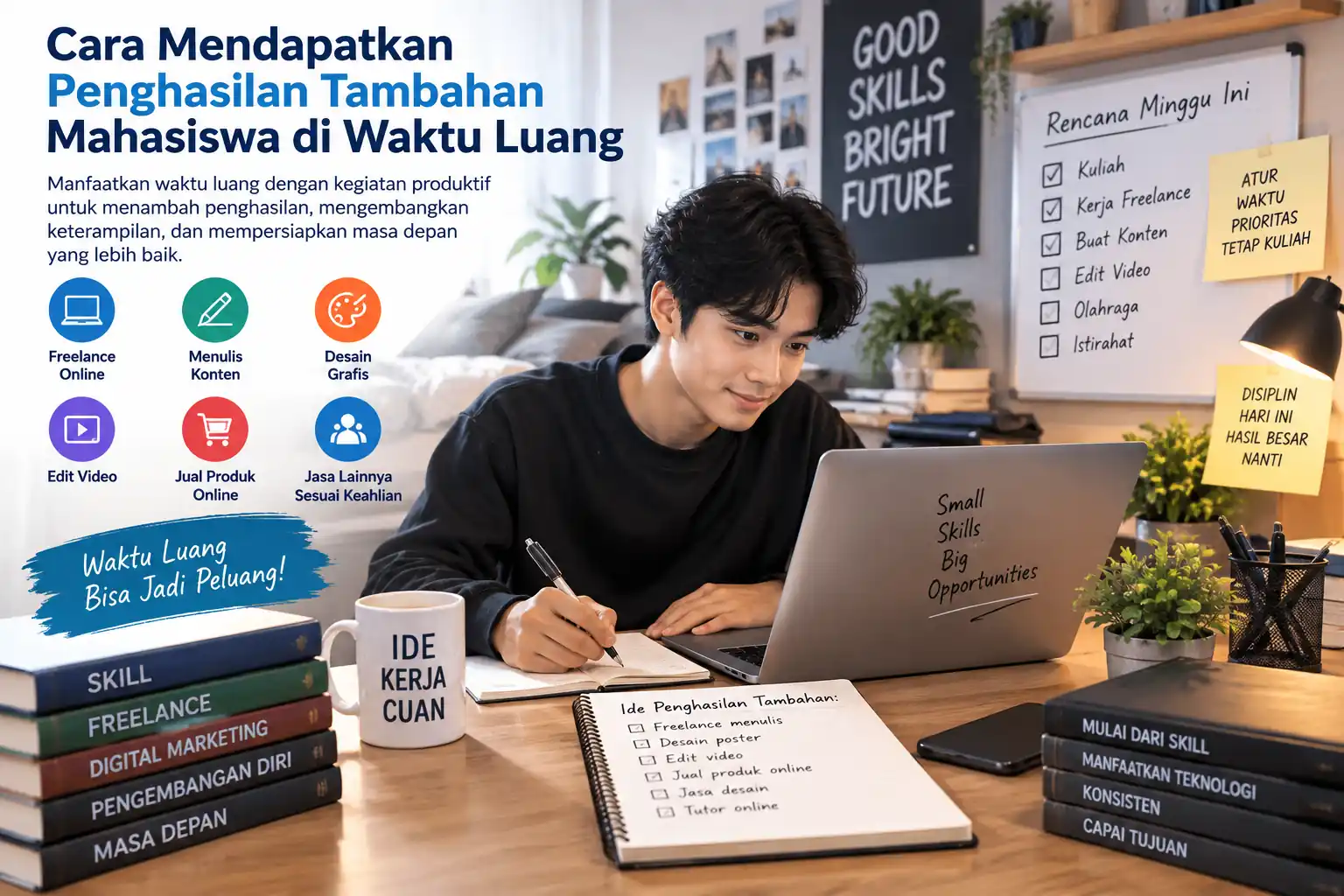 mahasiswa mencari penghasilan tambahan melalui pekerjaan freelance di waktu luang