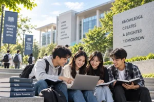 mahasiswa belajar bersama di lingkungan perguruan tinggi berkualitas